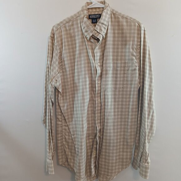 Lands End Mens Beige Plaid Button-Up Long Sleeve Shirt Regular Fit Size 15.5-35 - Picture 1 of 9
